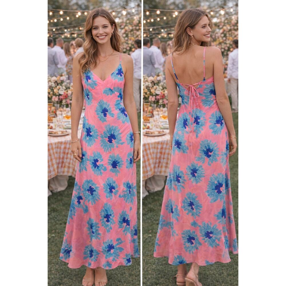 Banjanan Floral Maxi Slip Dress Womens S Pink & Blue V-Neck Strappy 750 Retail